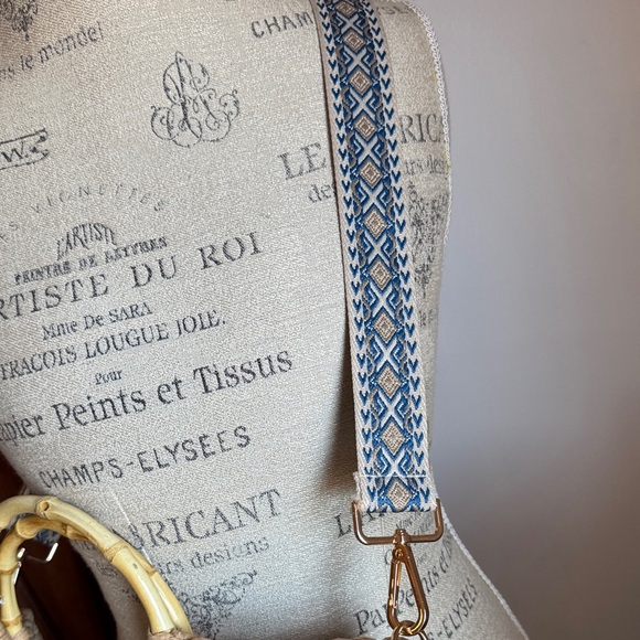 Haute Hippie Natural Straw Tote with Bamboo Handles and Blue Patterned Strap NWT - Picture 4 of 6